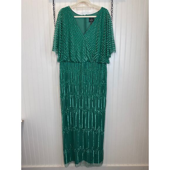 NWT Adrianna Papell Hand-Beaded Illusion Long Column Blouson Gown Green 16W - Picture 2 of 8